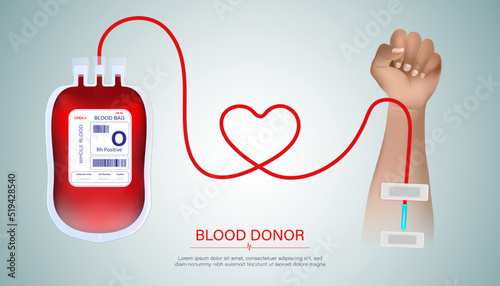 Abstract arms and blood bags for blood donation concept, heart-shaped blood collection line. and for world blood donors on June 14 on a white and gray background