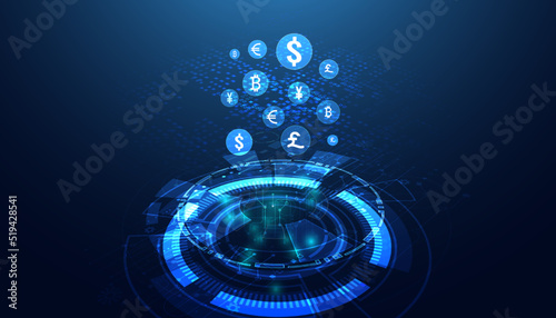 Abstract Digital circle Hologram Money transfer DeFi Decentralized Finance Blockchain, cryptocurrency and bitcoin, online, internet transaction Futuristic.