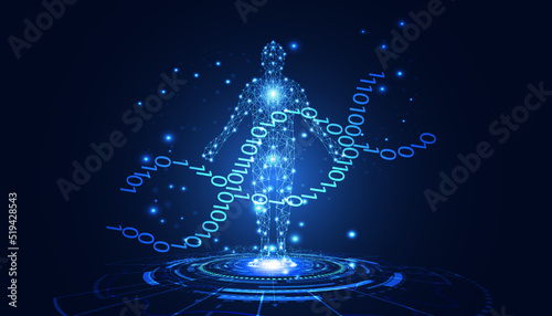 abstract technology futuristic concept of digital human body DNA binary AI digital interface future design on hi tech background..