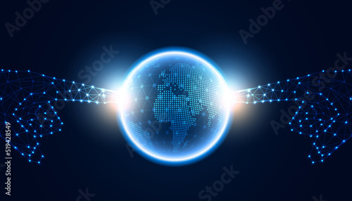 abstract finger pointing global dot network circle digital connection and communication futuristic on blue background.