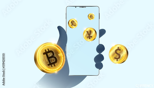 Abstract hand holding phone bitcoin technology cryptocurrency and fintech phone buy and sell crypto operations Connect block, data transmission, new technology system, Vector illustration.