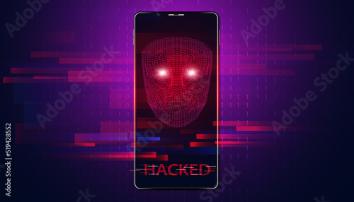 Abstract hacked concept phone interface screen red system ai warning that the system has been hacked into the system computer