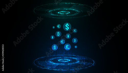 Abstract Digital circle Hologram Money transfer DeFi Decentralized Finance Blockchain, cryptocurrency and bitcoin, online, internet transaction Futuristic.