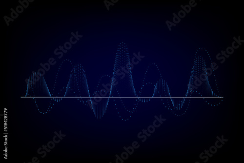 Sound wave illustration on a dark background. Abstract blue digital equalizer indicators. Voice graph meter or audio electronic tracks.Vector horizontal sonic vibration spectrum.