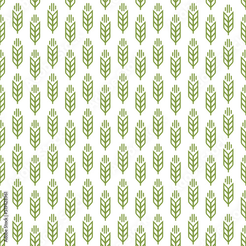 Ear seamless pattern green color on white background for decoration natural product store, organic market, bakery shop, nature firm, ecology company, garden, farming, forest. Vector Illustration