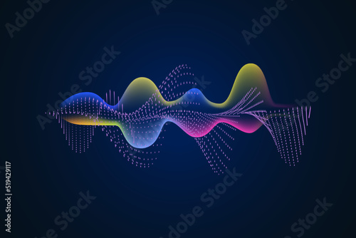 Sound wave illustration on a dark background. Abstract blue digital equalizer indicators. Voice graph meter or audio electronic tracks.Vector horizontal sonic vibration spectrum.