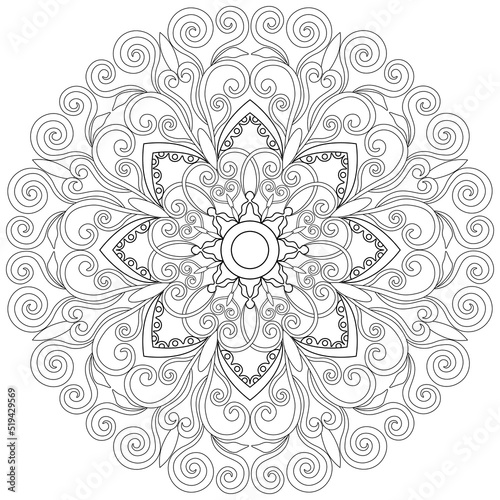 Colouring page, hand drawn, vector. Mandala 57, ethnic, swirl pattern, object isolated on white background.