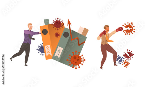 Man Office Employee Pushing Folders and Fighting Virus in Boxing Gloves Vector Set