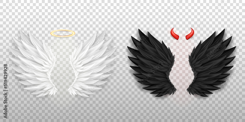 3D white angel wings with golden nimbus, halo and black devil wings with red daemon horns isolated on transparent background. Realistic festival, carnival costume. Fantasy, religion concept. - obrazy, fototapety, plakaty 