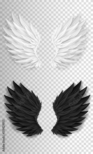 Two realistic wings isolated on transparent background. 3D white angel wings and dark devil, daemon wings. Heaven and hell, good and evil concept. Festival, masquerade, carnival costume. 