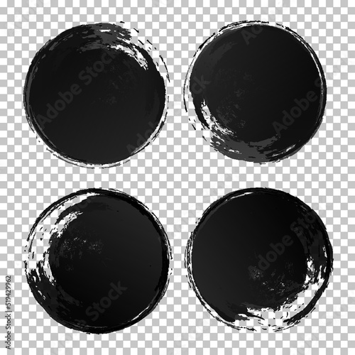 Vector hand draw watercolor circle texture brush strokes set black color isolated on transparent background for painting, logo, emblem, label. Hand made grunge stripes circle. 10 eps