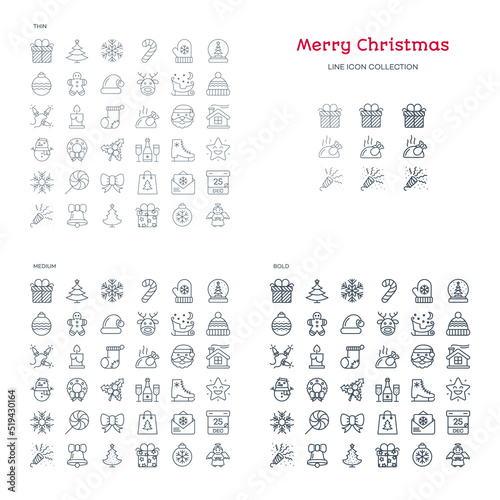Christmas icons set thin medium and bold line stroke style isolated on white background for your decoration and app design project. Merry Christmas Happy New Year. Happy Holiday. Vector Illustration