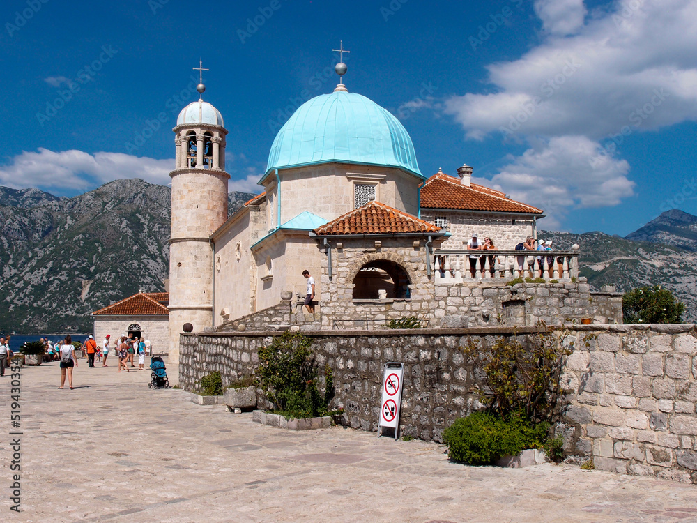 Beautiful view of the artificial island Gospa od krpjela, Our Lady of the Rocks, Roman Catholic Church, Perast, Bay of Kotor, Montenegro