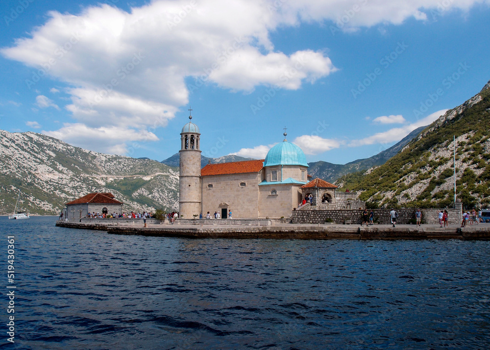 Beautiful view of the artificial island Gospa od krpjela, Our Lady of the Rocks, Roman Catholic Church, Perast, Bay of Kotor, Montenegro Beautiful view of the artificial island Gospa od krpjela, Our Lady of the Rocks, Roman Catholic Church, Perast, Bay of Kotor, Montenegro