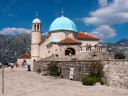 Beautiful view of the artificial island Gospa od krpjela, Our Lady of the Rocks, Roman Catholic Church, Perast, Bay of Kotor, Montenegro