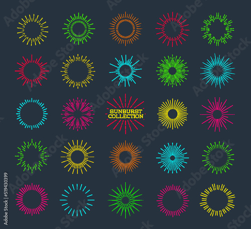 Vector bright sunburst different color, neon stars, rays of light. Firework explosion on black background for decoration, logo, festive poster, party. 10 eps