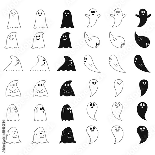 black and white illustrations of little ghosts with different emotions, set, for posters, prints, stickers, decorations, isolated on white background