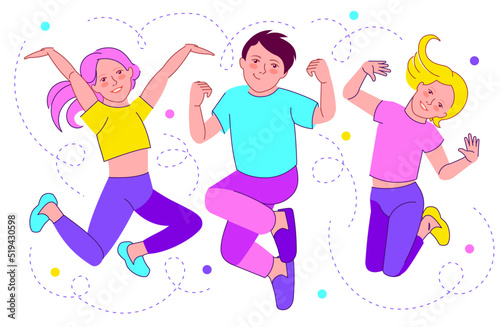 Vibrant vector happy attractive shiny modern preteen friends, middle school childs.Y2K fluorescent collage with carefree youngsters.Good mood flying air isolated on white background.Kids zone concept