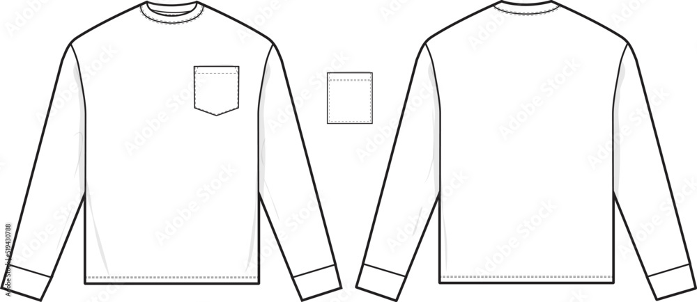 Long Sleeve Pocket T-shirt Flat Technical Drawing CAD Illustration Short  Sleeve Blank Streetwear Mock-up Template for Design and Tech Packs Stock  Vector | Adobe Stock