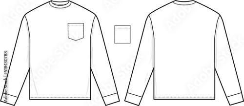 Long Sleeve Pocket T-shirt Flat Technical Drawing CAD Illustration Short Sleeve Blank Streetwear Mock-up Template for Design and Tech Packs