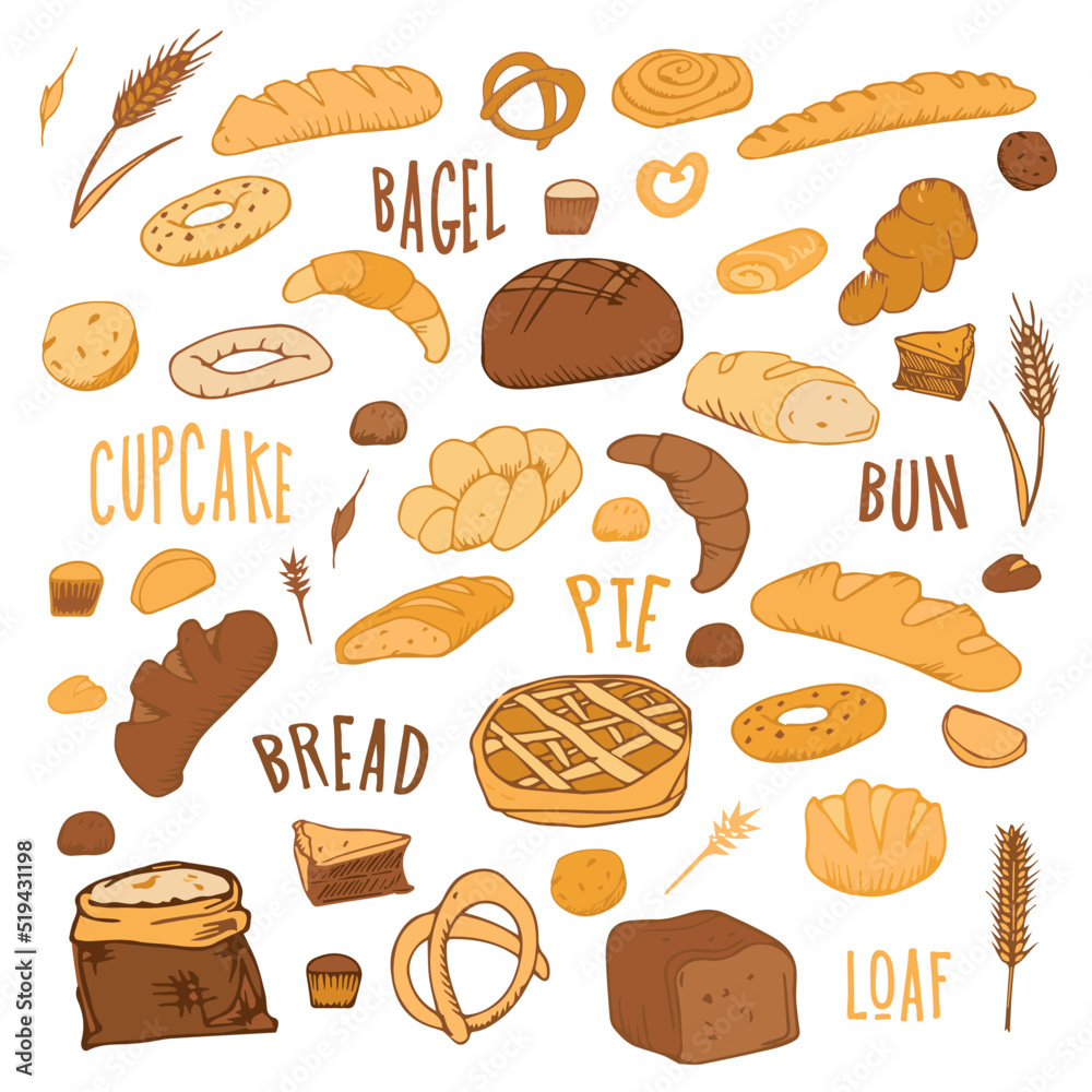 bread outline pattern. Drawing rye, whole grain and wheat bread, pretzel, muffin, pita bread, ciabatta, croissant, bagel, toast bread, French baguette for bakery menu decoration. Vector illustration. bread outline pattern. Drawing rye, whole grain and wheat bread, pretzel, muffin, pita bread, ciabatta, croissant, bagel, toast bread, French baguette for bakery menu decoration. Vector illustration.
