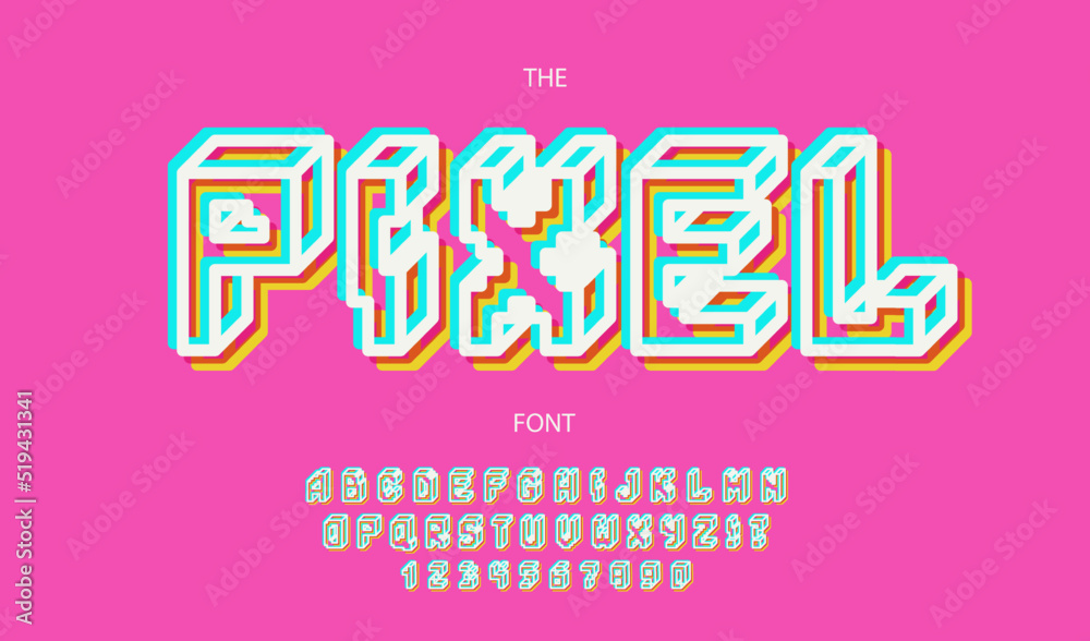Vector pixel font neon style for banner, infographics, motion graphic, party poster, book, music, t shirt, flyer, decoration, printing, industrial. Cool typeface. Trendy alphabet. 10 eps