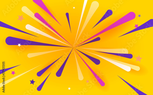 Firework celebration illustration. Rich yellow background with bright salute, confetti and stars. Template for website, mailing or print.