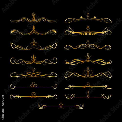 Set of gilded calligraphic elements, decorative text dividers. Ornamental patterned lines to decorate text and other projects, isolated on black background. Vector illustration.
