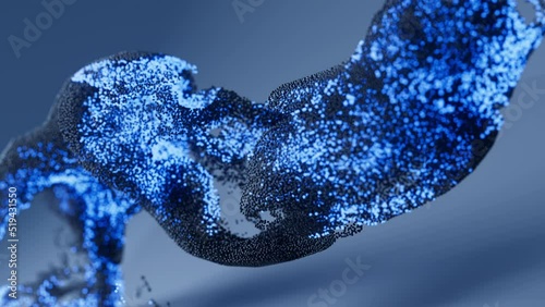 Wave-like movement of blue granular particles and splashes of grains in motion graphics. This graphic is a great product for your background and bright accent.