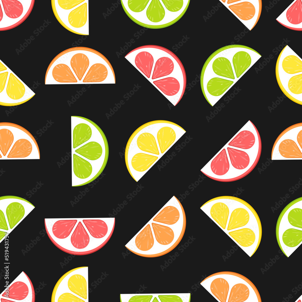 Slices of lemon, lime, grapefruit and orange on black background. Vector seamless pattern. Best for textile, wallpapers, home decoration, wrapping paper, package and web design.
