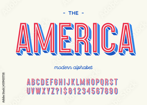 America modern alphabet 3d typography colorful style for decoration, party poster, t shirt, logo, promotion, book, card, sale banner, printing on fabric. Cool font. Trendy typeface. Vector 10 eps