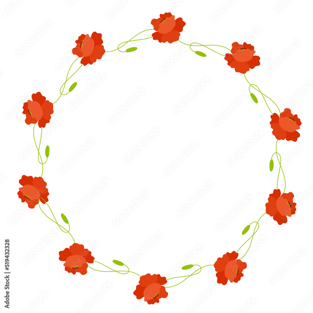 Round frame with blooming red poppy flowers with bud. Postcard napkin, decoration. Vector illustration. Floral pattern for decor, design, print and napkins. Round frame with blooming red poppy flowers with bud. Postcard napkin, decoration. Vector illustration. Floral pattern for decor, design, print and napkins.