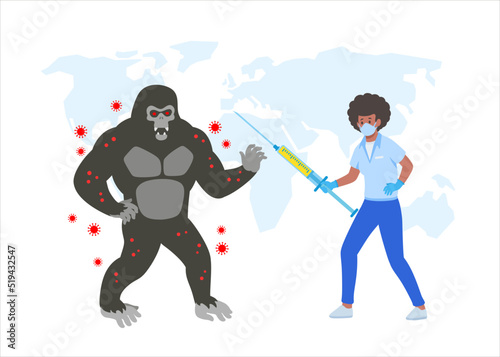 Black woman doctor with vaccine syringe fights monkeypox virus for save humanity from an epidemic