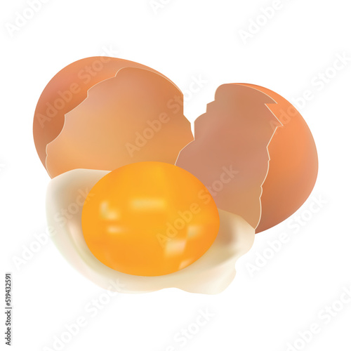 Broken egg with yolk, isolated, realistic vector illustration, 3D Fresh farm eggs, ingredient. Healthy eating