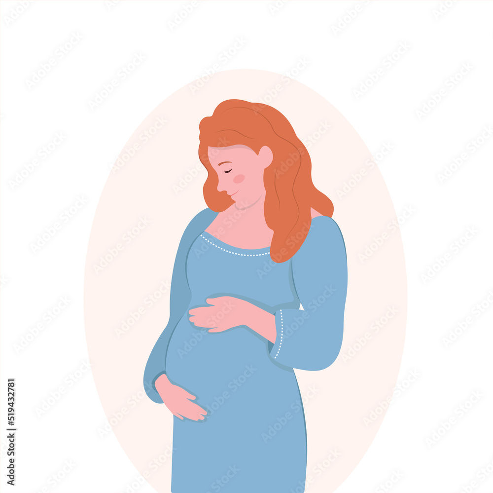 a pregnant girl in a blue dress hugs her stomach with her hands a pregnant girl in a blue dress hugs her stomach with her hands