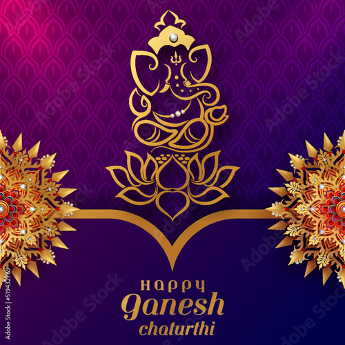 Happy ganesh chaturthi greetings with golden shiny lord ganesha most famous festivals in india with patterned and crystals on paper color background.
