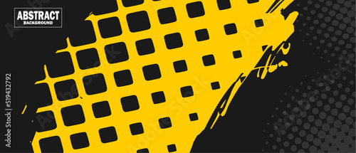 Black and yellow abstract background with grunge brushstroke and halftone style. Vector illustration