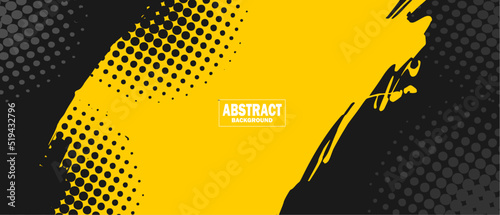 Black and yellow abstract background with grunge brushstroke and halftone style. Vector illustration