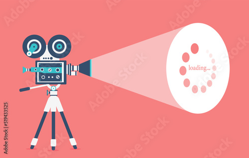 Vector orange background with lighting old fashioned movie camera on the tripod. Can used for banner, poster, web page, background.