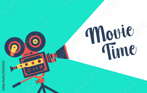 Vector green background with lighting old fashioned movie camera on the tripod. Can used for banner, poster, web page, background.