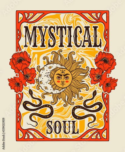 sun with flowers and moon, magical vector illustration, Occult print for t-shirt