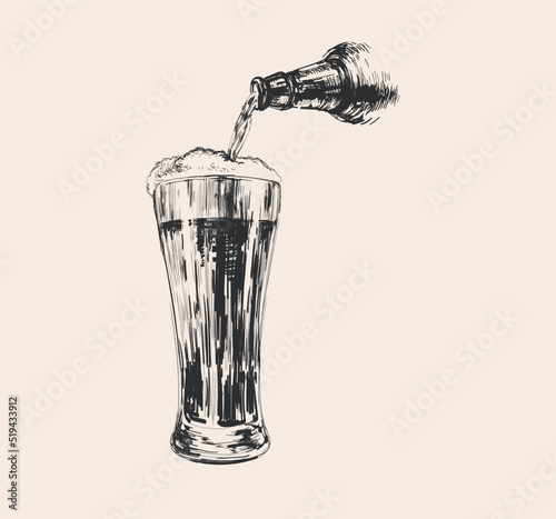 Stream of Beer. Bottle And Glass. Hand Drawn Sketch Vector illustration. Can of beer