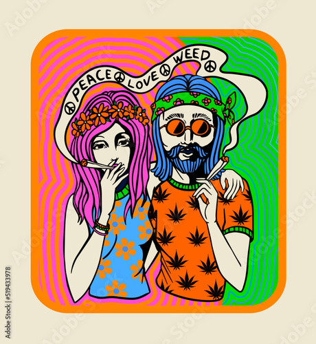 hippie couple smoking weed, psychedelic print on t-shirt