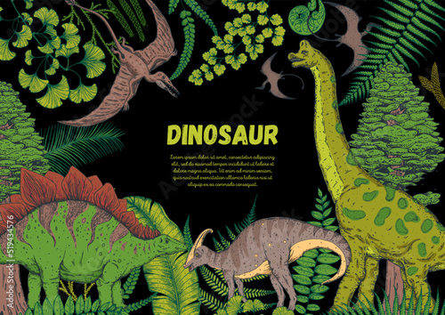 Dinosaurs hand drawn. Vector illustration. Jurassic period.