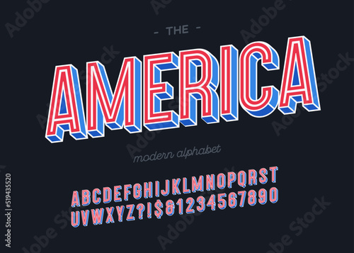 Vector america alphabet 3d colorful style for decoration, party poster, t shirt, logo, promotion, book, card, sale banner, printing on fabric. Cool font modern typography. Trendy typeface.10 eps