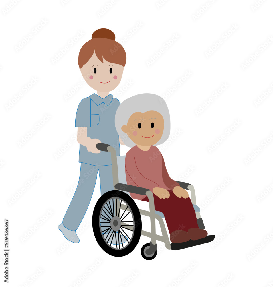 young smiled nurse girl is carrying an elderly disabled person in a wheelchair isolated young smiled nurse girl is carrying an elderly disabled person in a wheelchair isolated