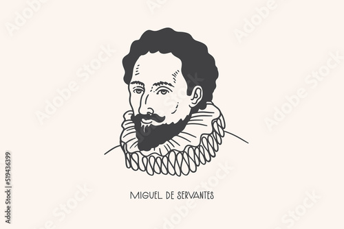 Black and white portrait of Miguel Cervantes. World famous Spanish writer, author of the novel about Don Quixote. Vector illustration on a light isolated background. photo