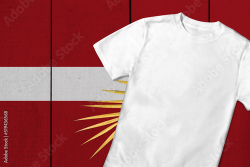 Patriotic t-shirt mock up on background in colors of national flag. Latvia