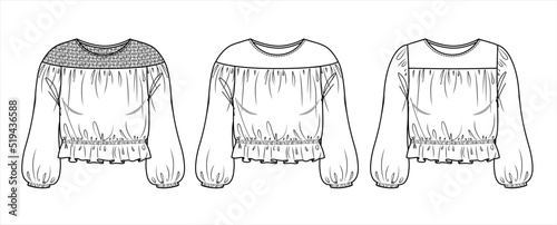 Vector long sleeved boho style top fashion CAD, woman round neck with frills and smock details blouse technical drawing, template, mock up, flat. Fleece sweatshirt with front, back view, white color