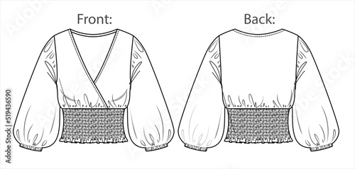 Vector long sleeved boho style wrap top fashion CAD, woman v neck with frills and smock details blouse technical drawing, template, mock up, flat. Fleece sweatshirt with front, back view, white color